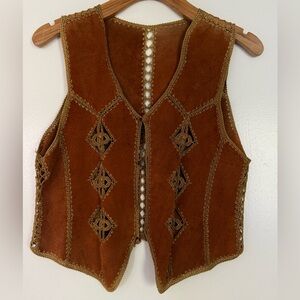 Vintage Brown Suede and Crochet Vest